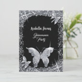 高級シックグリッターブラックシルバーバタフエレガントロ 招待状 (スタンド正面)