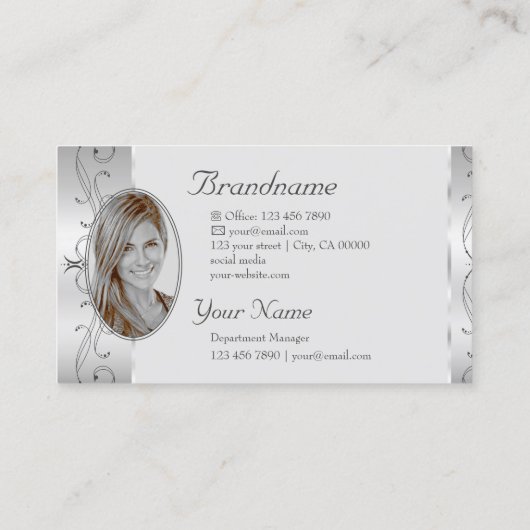 高級シルバーグレ華美イ縁どジュエル写真の追加 名刺 (裏面)