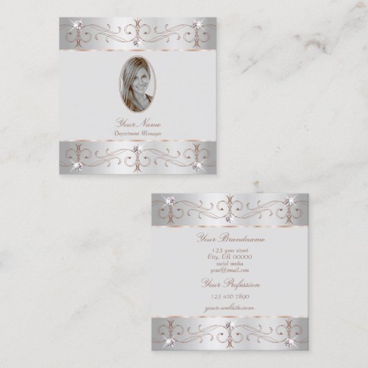 高級シルバーバラ金ゴールド華美オーナメント追加フォト スクエア名刺 (正面/裏面)