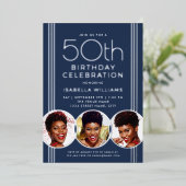 高級シルバーフォイル50歳の誕生日 高級感のある青い写真 箔招待状 (立ち正面)