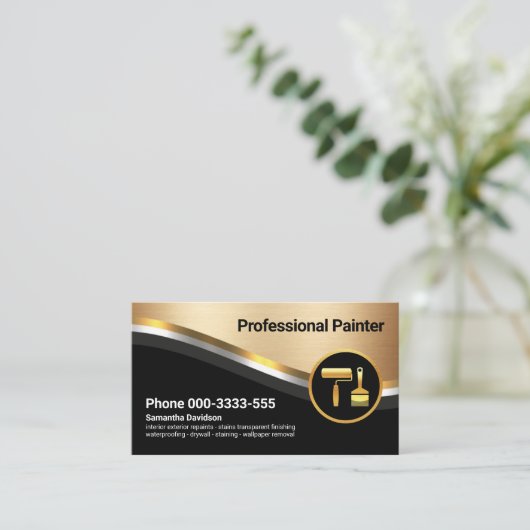 高級スタイリッシュ金ゴールド銀波画家 名刺 (スタンド正面)