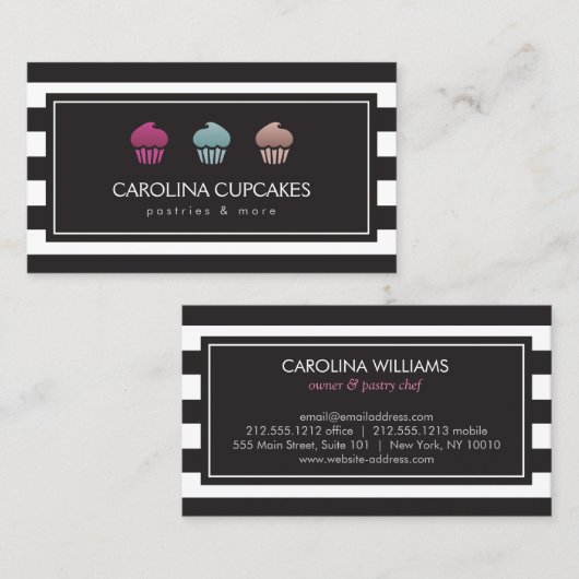 高級ストライプのカップケーキトリオベーカリー名刺 名刺 (正面/裏面)