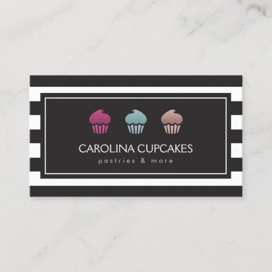 高級ストライプのカップケーキトリオベーカリー名刺 名刺 (正面)