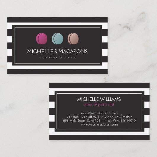 高級ストライプのマカフランスのロンTrioロゴベーカリー 名刺 (正面/裏面)