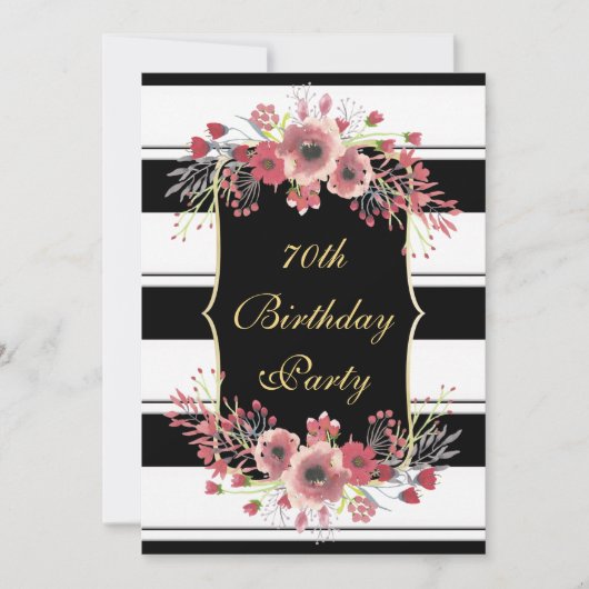高級ストライプフローラ水彩第70誕生日 招待状 (正面)
