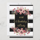 高級ストライプフローラ水彩40歳の誕生日 招待状 (正面)