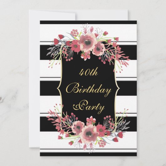 高級ストライプフローラ水彩40歳の誕生日 招待状 (正面)