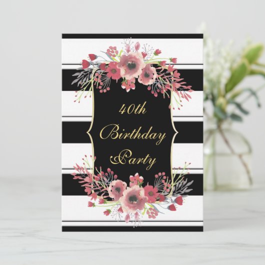 高級ストライプフローラ水彩40歳の誕生日 招待状 (スタンド正面)