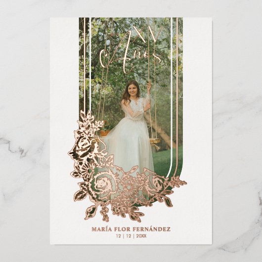 高級スペインのトレンディーフローラMis XVアニョス写真 箔招待状 (正面)