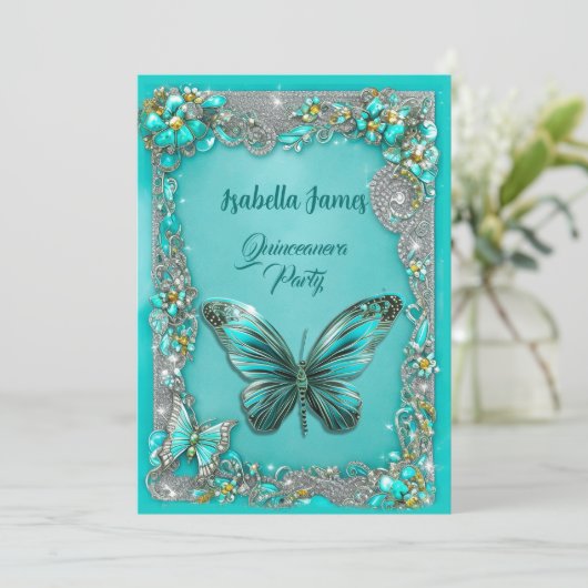 高級ターコイズキンセアニェラパーティーバタフライシック 招待状 (スタンド正面)