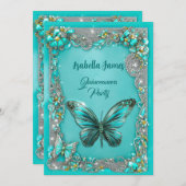 高級ターコイズキンセアニェラパーティーバタフライシック 招待状 (正面/裏面)