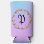 高級ターコイズフローラグラデーションモノグラム名 スリム缶クーラー (正面)