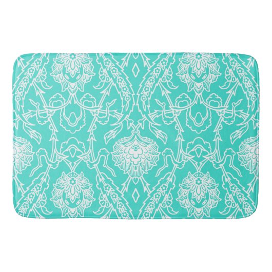 高級ターコイズ&ホワイトダマスク装飾パターン バスマット (正面)