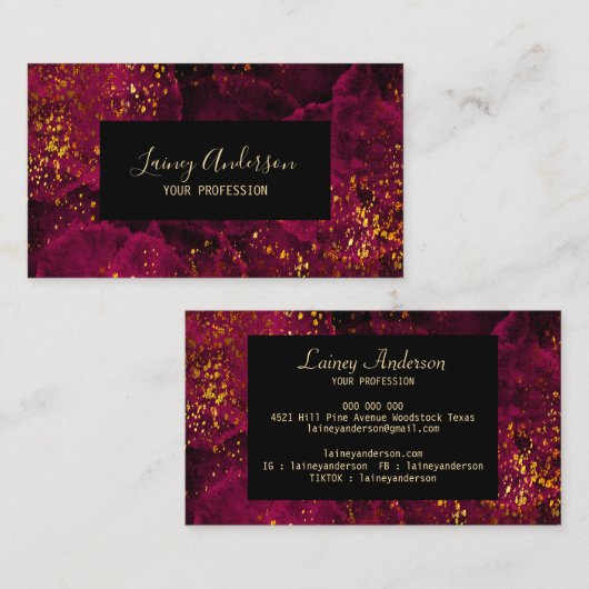 高級ダークピンクブラックとフェイク金ゴールドフォイルグリッター 名刺 (正面/裏面)