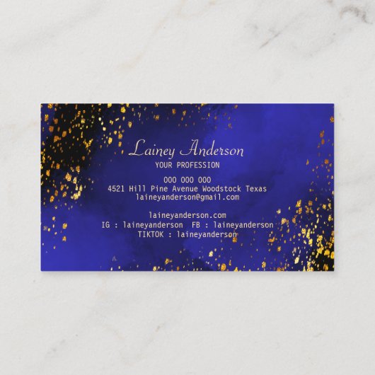 高級ダークブルーのブラックとフェイク金ゴールドフォイルグリッター 名刺 (裏面)