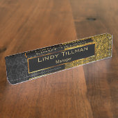 高級ダーク金ゴールドグリッターとブラックダマスク デスクネームプレート (側面)