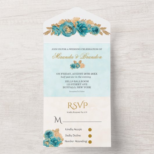 高級ティール(緑がかった色)とクリーミー金ゴールドバラ結婚ズ オールインワン招待状 (内側)