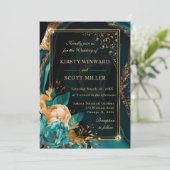 高級ティール（緑がかった色）と金ゴールドフローラバラアガテ結婚ス 招待状 (スタンド正面)