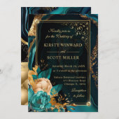 高級ティール（緑がかった色）と金ゴールドフローラバラアガテ結婚ス 招待状 (正面/裏面)