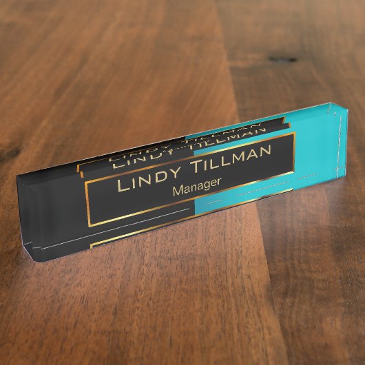 高級ティール(緑がかった色)と黒 デスクネームプレート (側面)