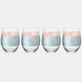 高級ティール（緑がかった色）バラ金ゴールドグリッタードリップ飲み物用品セット ステムなしワイングラス (正面)