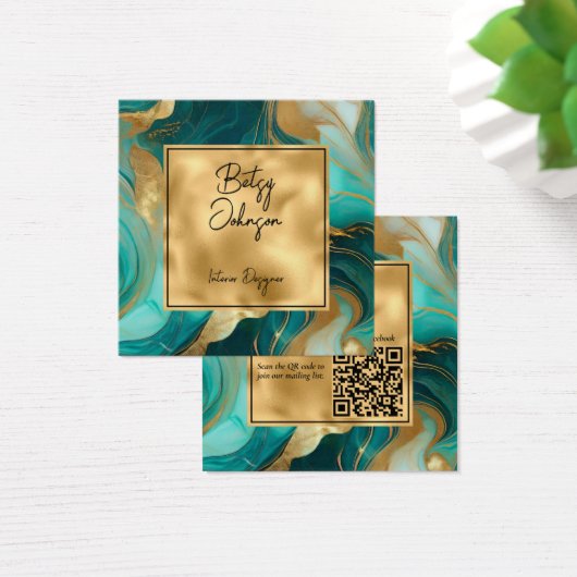 高級ティール（緑がかった色）マーブルアンドゴールドフォイルビジネスカード (デスク)