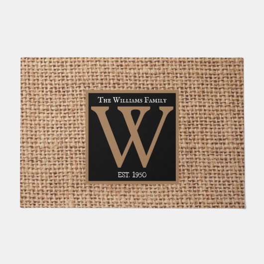 高級デザインファミリー名burlapブラック ドアマット (正面)