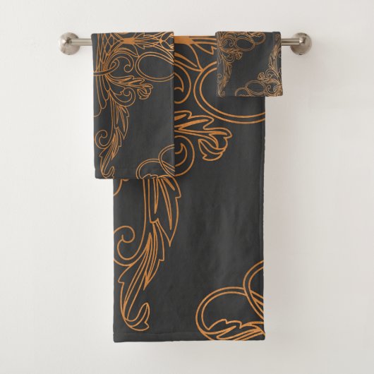 高級デザイン、フローラルパターン、ダークグレー、銅 バスタオルセット (インサイチュ)