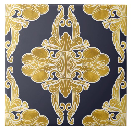 高級デザイン、花柄、ネイビーブルー、金ゴールド タイル (正面)