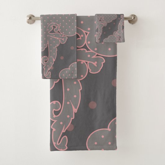 高級デザイン、花柄、灰色、ほこりっぽいピンク バスタオルセット (インサイチュ)