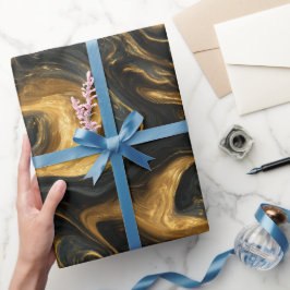 高級ネイビーゴールド フルイドモーション アブストラクトパターン ラッピングペーパー