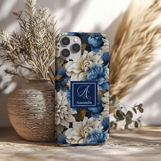 高級ネイビーフラワーiPhoneケース 青い花柄カバー Case-Mate iPhoneケース