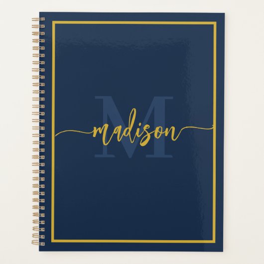 高級ネイビーブルーゴールドモノグラムスクリプトネーム プランナー手帳 (正面)