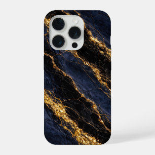 高級ネイビーブルー大理石 ゴールド/ブラックベイン フォンケース iPhone 15 PROケース
