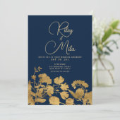 高級ネイビーブルー金ゴールドワイルドフラワー結婚ズ 招待状 (スタンド正面)