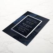 高級ネイビーブルー銀ヴィンテージ結婚植物学 箔招待状 (回転した状態)