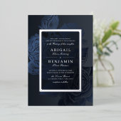 高級ネイビーブルー銀ヴィンテージ結婚植物学 箔招待状 (立ち正面)