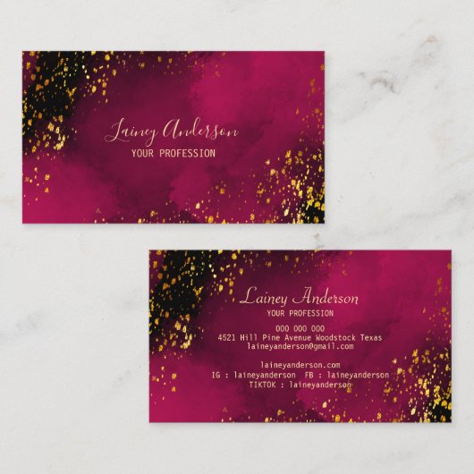 高級ネオンピンクブラックとフェイク金ゴールドフォイルグリッター 名刺 (正面/裏面)