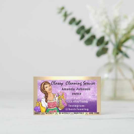 高級ハウスオフィス清掃サービスメイドパープル 名刺 (スタンド正面)