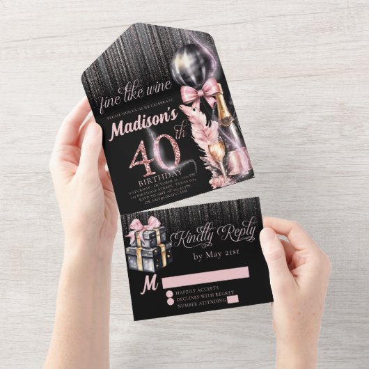 高級バラワインアダルト40歳の誕生日 オールインワン招待状 (貼ってはがせる)