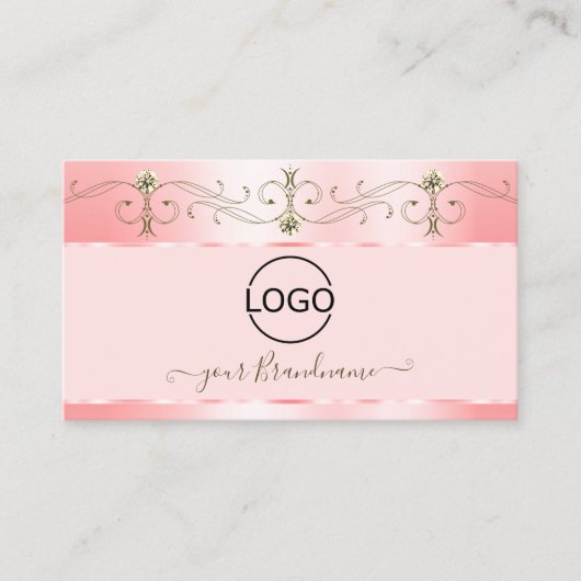 高級バラ華美ピンクきらめくジュエリーとロゴ 名刺 (正面)