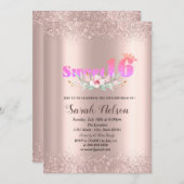 高級バラ金ゴールドグリッター水彩フラワー16 招待状 (正面/裏面)