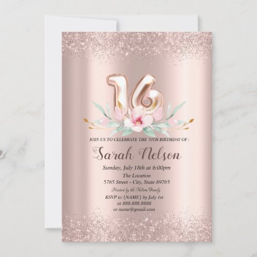 高級バラ金ゴールドグリッター水彩フラワー18 招待状 (正面)