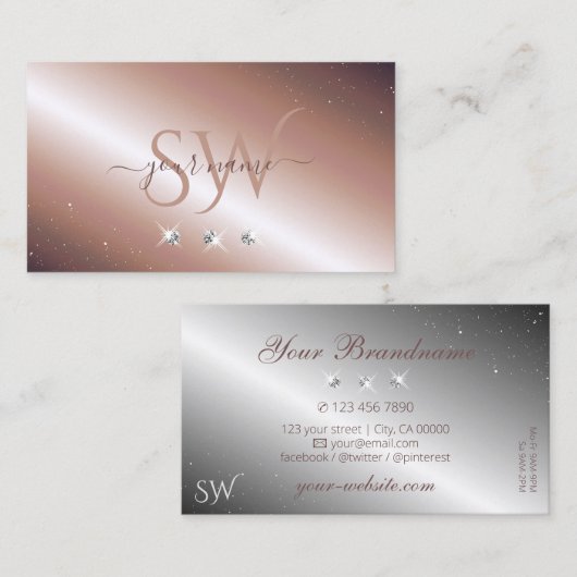 高級バラ金ゴールドシルバースパークルダイヤモンドイニシャル 名刺 (正面/裏面)