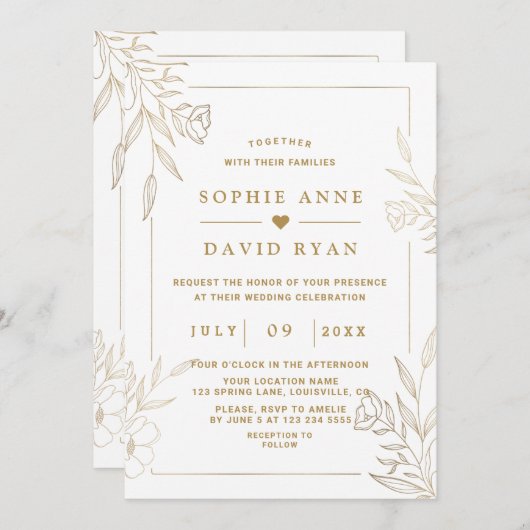 高級バラ金ゴールドフラワーフレーム結婚ズ 招待状 (正面/裏面)