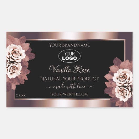 高級バラ金ゴールドブラックフローラ製品ラベルのロゴ 長方形シール (正面)
