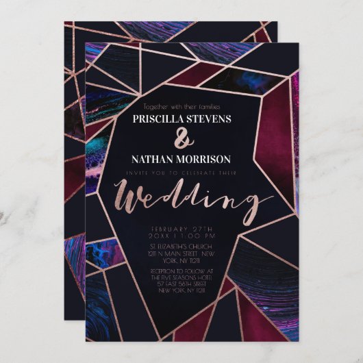 高級バラ金ゴールドリッ絵を描クマーブル結婚ズ 招待状 (正面/裏面)