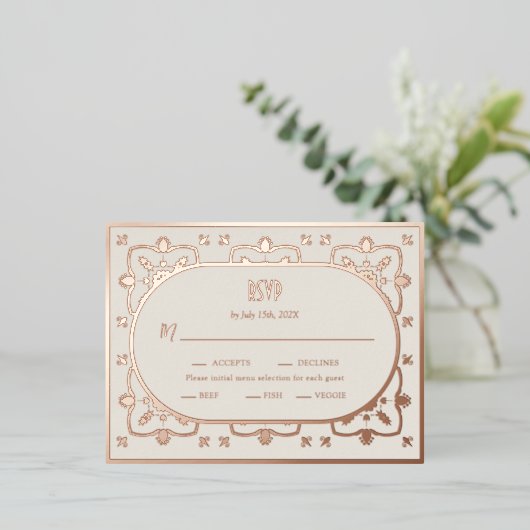 高級バラ金ゴールド地中海のタイルウェディングRSVP 箔シーズンポストカード (立ち正面)