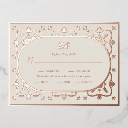 高級バラ金ゴールド地中海のタイルウェディングRSVP 箔シーズンポストカード (正面)
