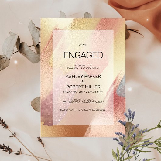 高級バラ-金ゴールドおよびグレーブラシストローク 招待状